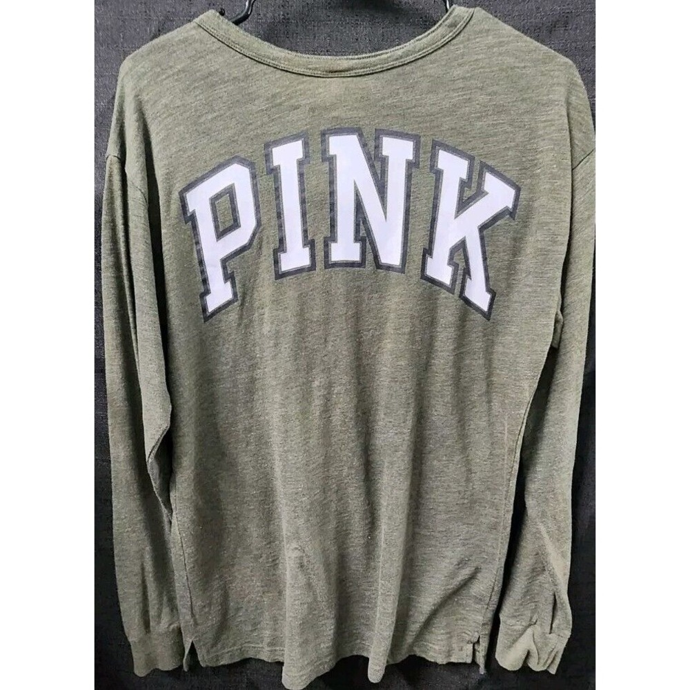 Womens Olive Green Victorias Secret Pink Long Sleeve Shirt Henley XS Button EUC